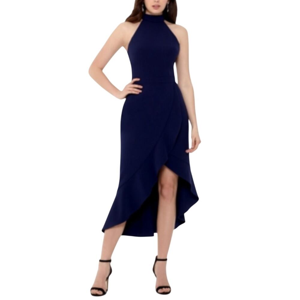 XSCAPE Navy Blue Cocktail Dress Backless Ruffled Midi Halter Sheath Size 14